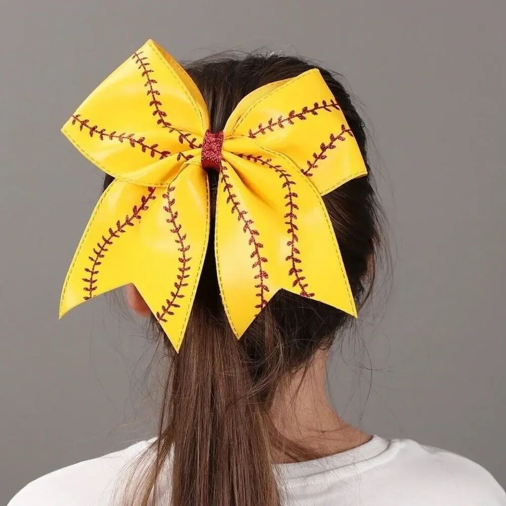 Girls Vegan Leather Baseball Softball Cheer Ponytail Holder Bow Hair Tie NEW